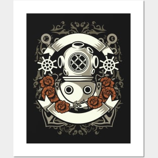 Deep Sea Diver Retro Crest With Roses Posters and Art